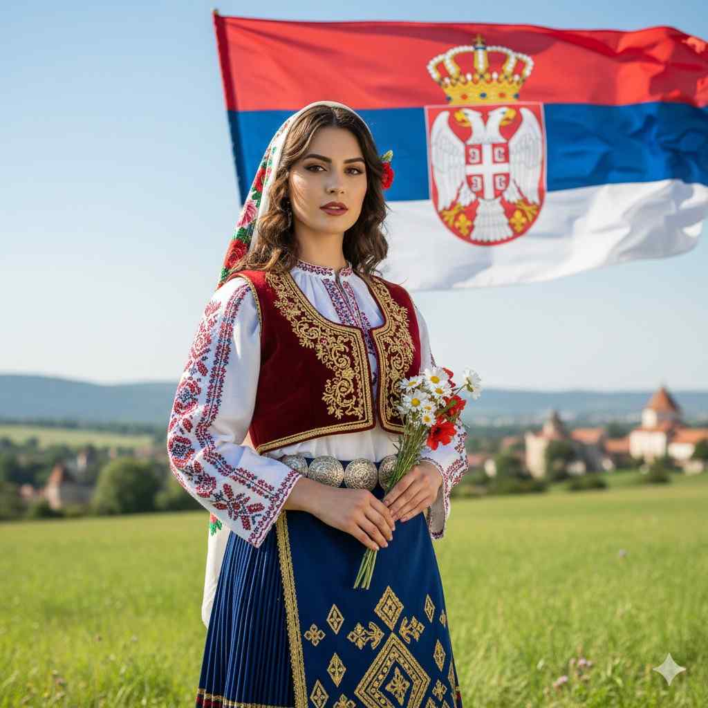 Image of a beautiful woman from Serbia holding flowers