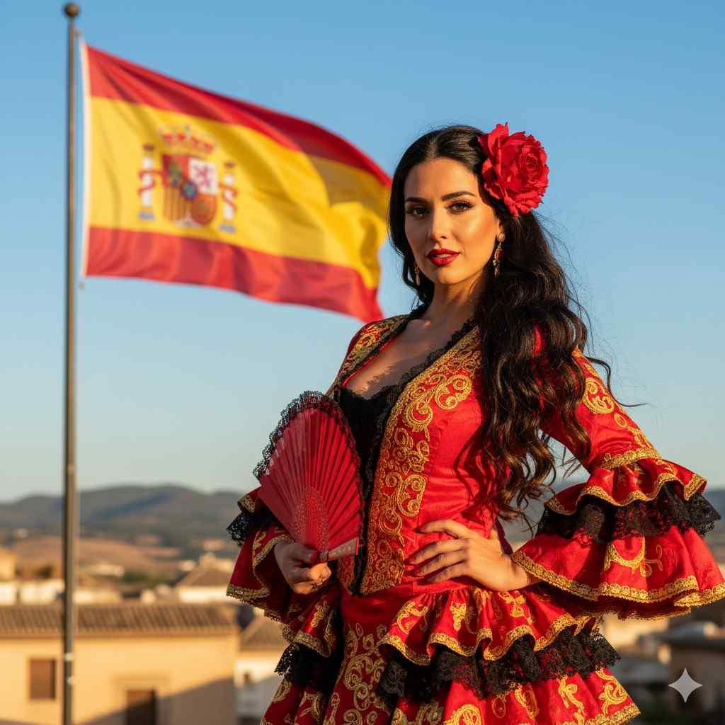 Image of a beautiful woman from Spain in a red dress with a fan
