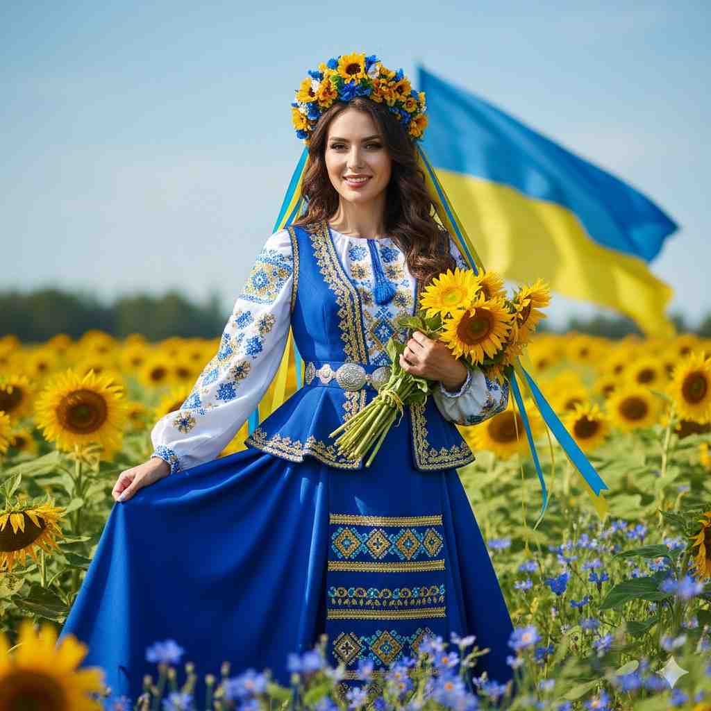 Image of a beautiful woman from Ukraine holding sunflowers